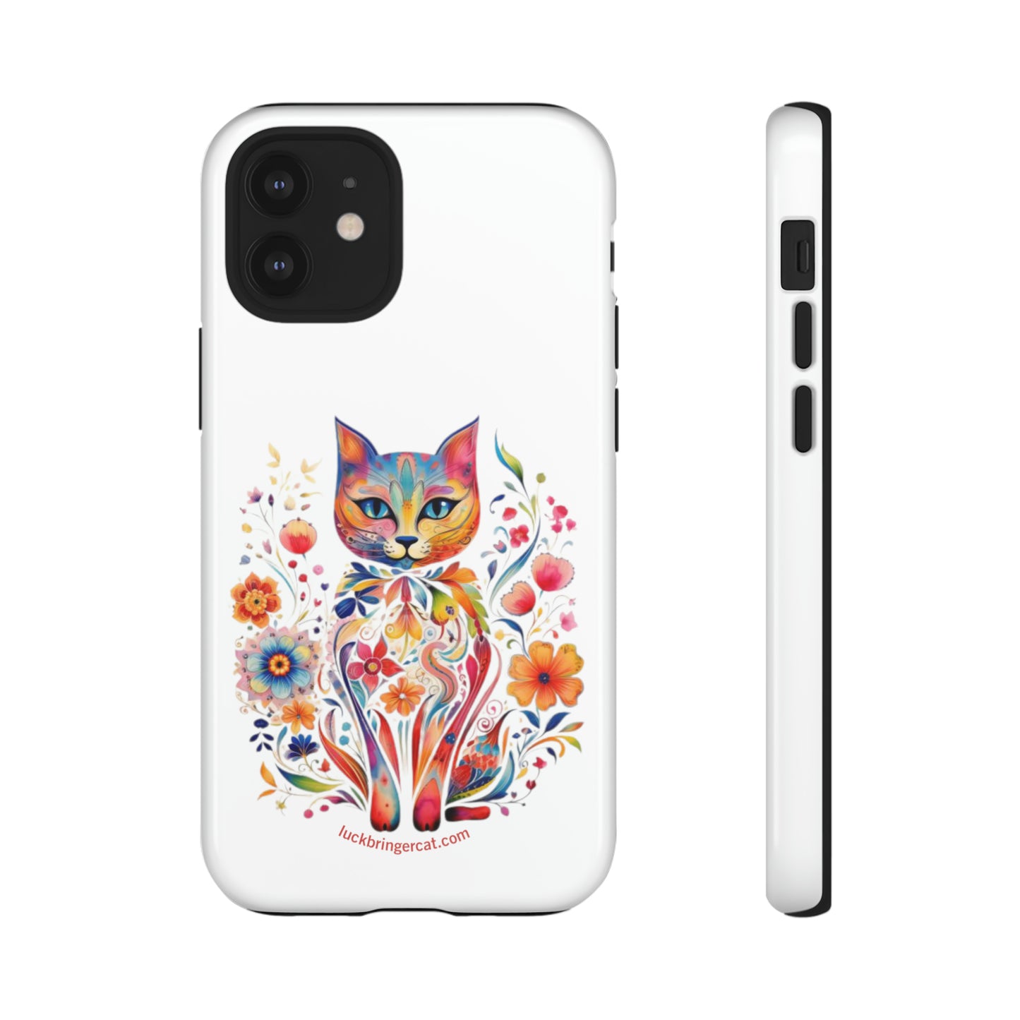 Phone Case for Cat and Flower Lovers- iPhone, Samsung Galaxy, Google Pixel- Colorful Floral Cat-White