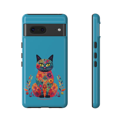 Phone Case for Cat Lovers- iPhone, Samsung Galaxy, Google Pixel- Colorful Floral Cat-Turquoise-Graphic