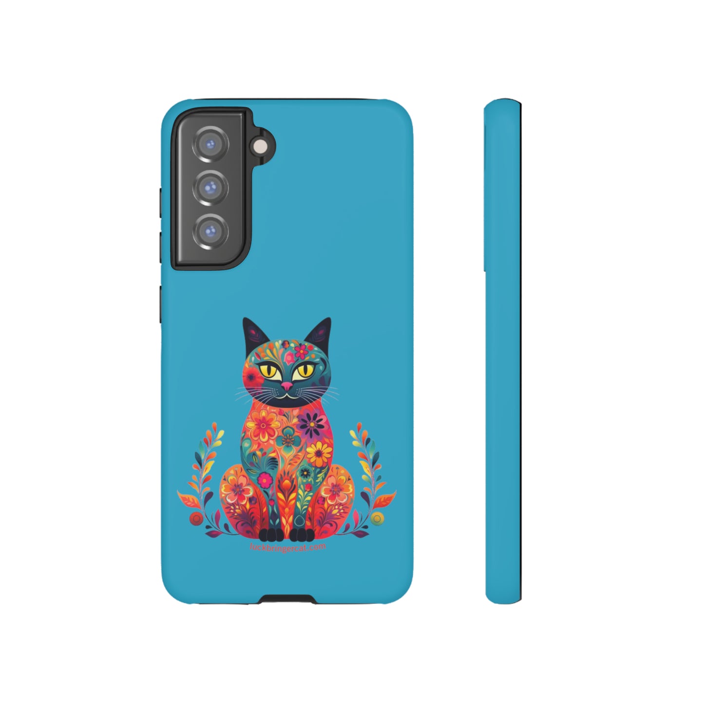 Phone Case for Cat Lovers- iPhone, Samsung Galaxy, Google Pixel- Colorful Floral Cat-Turquoise-Graphic