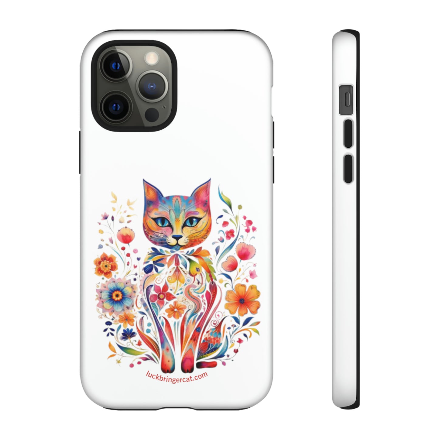 Phone Case for Cat and Flower Lovers- iPhone, Samsung Galaxy, Google Pixel- Colorful Floral Cat-White