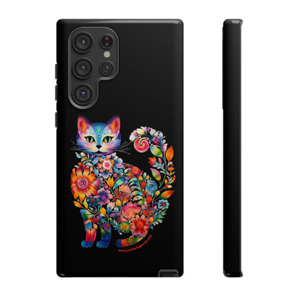 Floral Cat Lovers Phone case- iPhone, Samsung Galaxy, Google Pixel- Black-Tough-Premium Quality