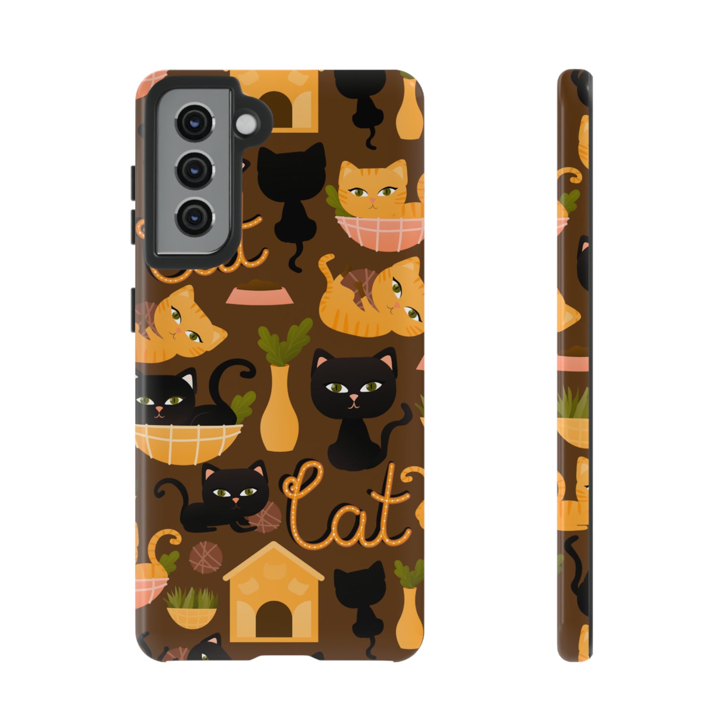 cat lovers phone case with black and yellow cartoon cats- Samsung Galaxy S23, Samsung Galaxy S23 Plus, Samsung Galaxy S23 Ultra, Samsung Galaxy S22, Samsung Galaxy S22 Plus, Samsung Galaxy S22 Ultra, Samsung Galaxy S21, Samsung Galaxy S21 FE, Samsung Galaxy S21 Plus, Samsung Galaxy S21 Ultra, Samsung Galaxy S20, Samsung Galaxy S20 FE, Samsung Galaxy S20 Plus, Samsung Galaxy S20 Ultra, Samsung GalaxyS10, Samsung Galaxy S10E, Samsung Galaxy S10 Plus- gift for cat moms kitten mums