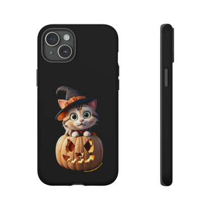 Premium-quality tough protective phone cases for iPhone and Samsung - Halloween Pumpkin Cat - Black