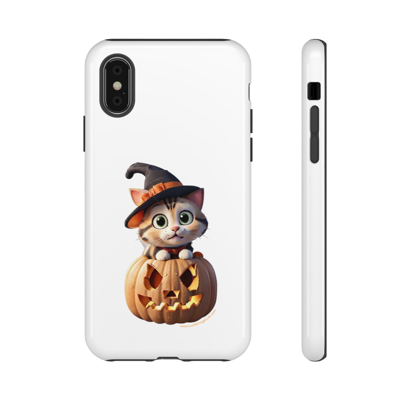 Premium-quality tough protective phone cases for iPhone and Samsung - Halloween Cat - White