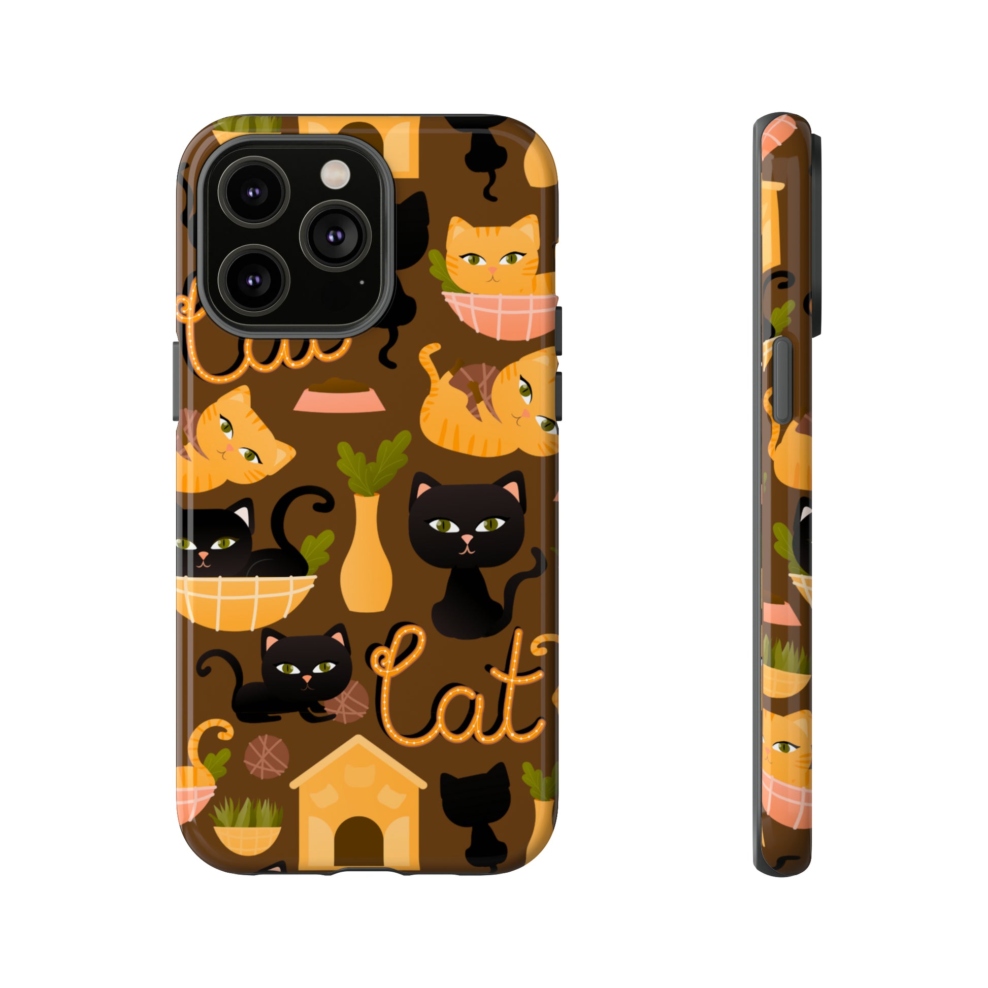 cat lovers phone case with black and yellow cartoon cats- iPhone 15 Plus, iPhone 15 Pro, iPhone 15 Pro Max, iPhone 14 Plus, iPhone 14 Pro, iPhone 14 Pro Max, iPhone 13 mini, iPhone 13 Pro, iPhone 13 Pro Max, iPhone 12 mini, iPhone 12 Pro, iPhone 12 Pro Max, iPhone 11 Pro, iPhone 11 Pro Max, iPhone X, iPhone XR, iPhone XS, iPhone XS Max, iPhone 8, iPhone 8 Plus - gift for cat moms kitten mums 