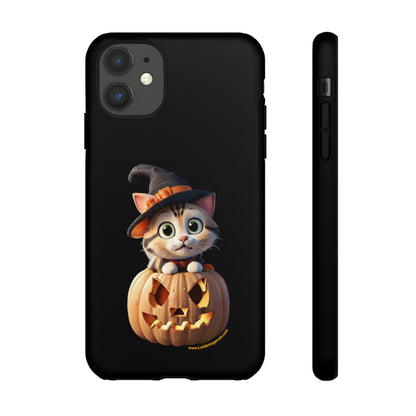 Premium-quality tough protective phone cases for iPhone and Samsung - Halloween Pumpkin Cat - Black