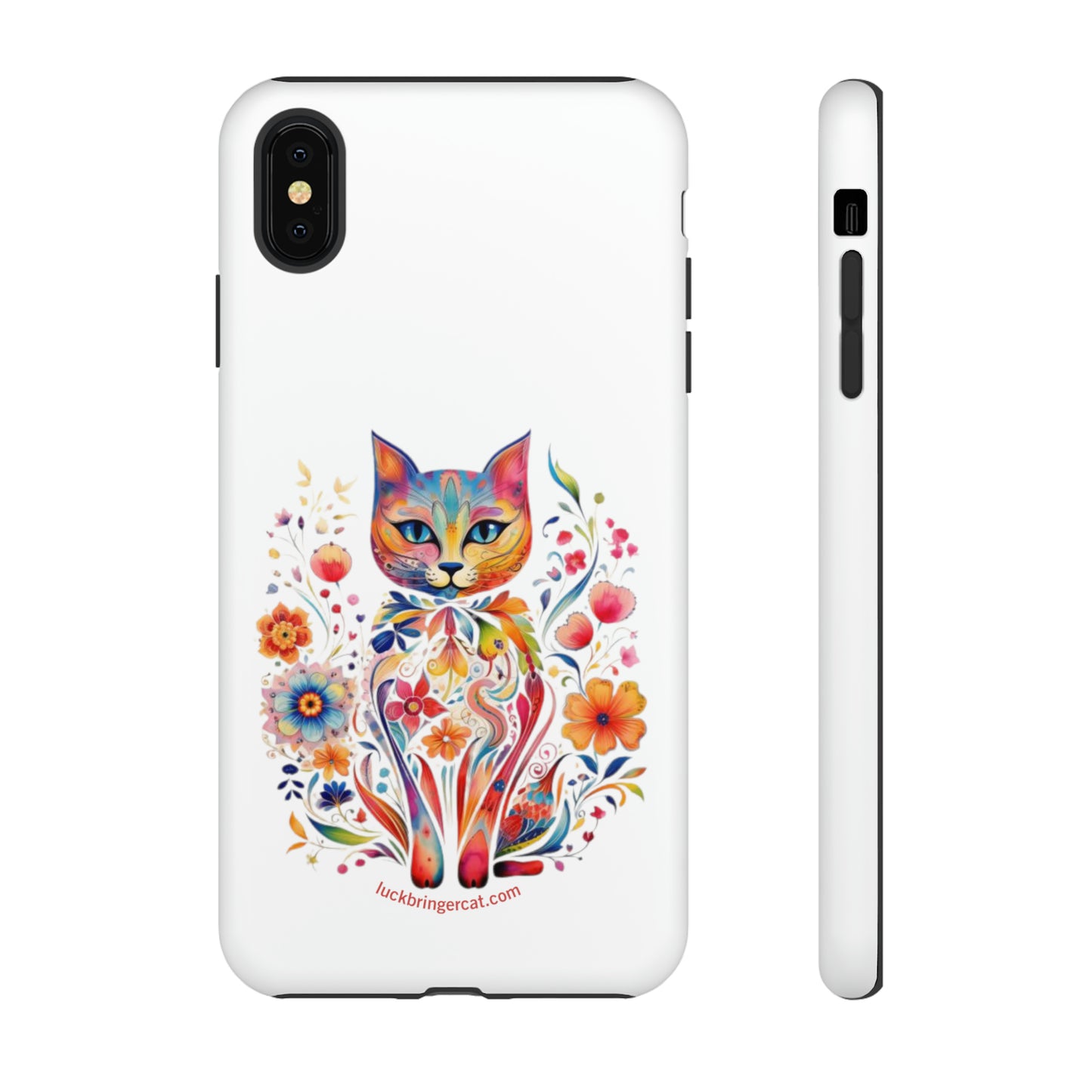 Phone Case for Cat and Flower Lovers- iPhone, Samsung Galaxy, Google Pixel- Colorful Floral Cat-White