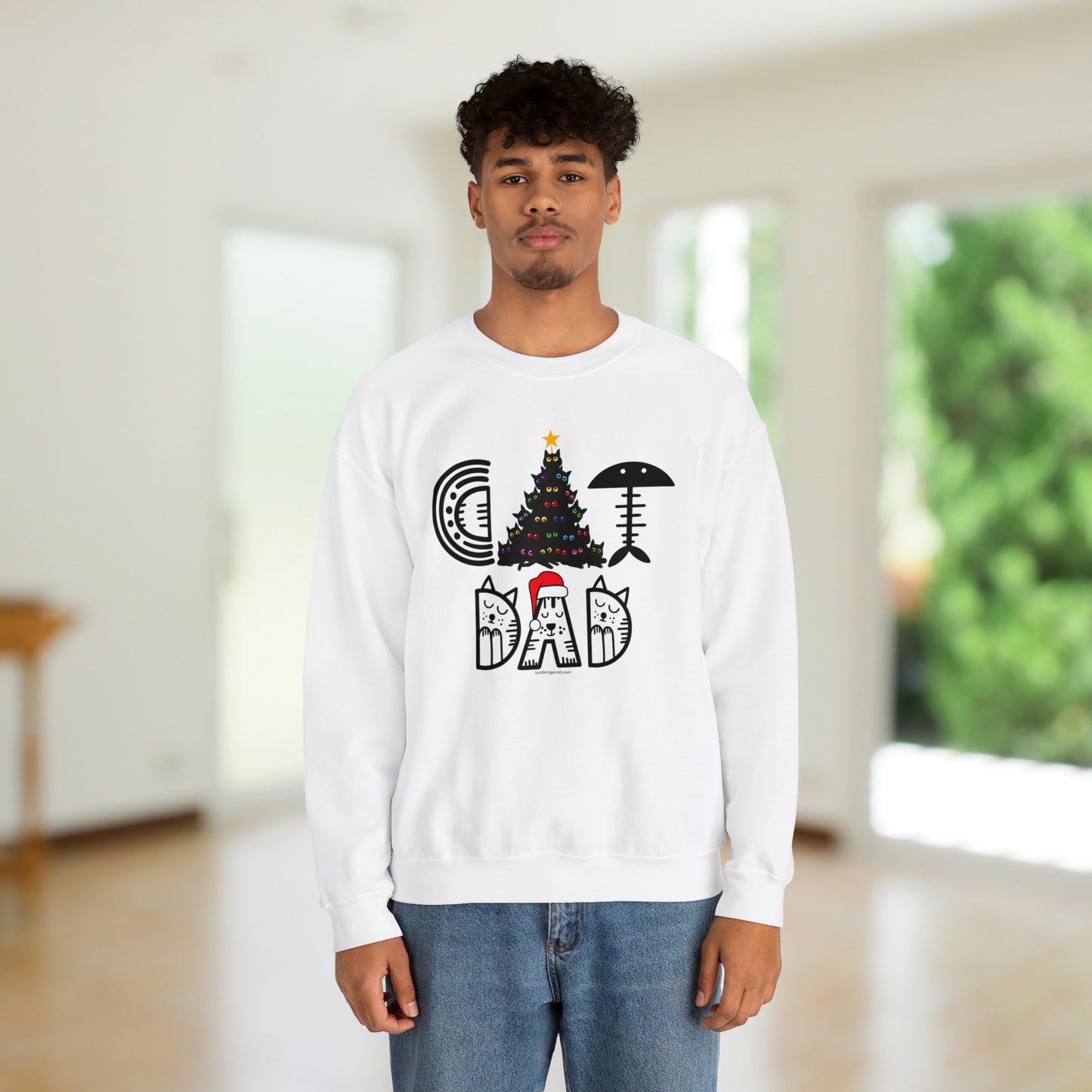 Cat Dad Christmas Crewneck Sweatshirt With Black Cats Christmas Tree