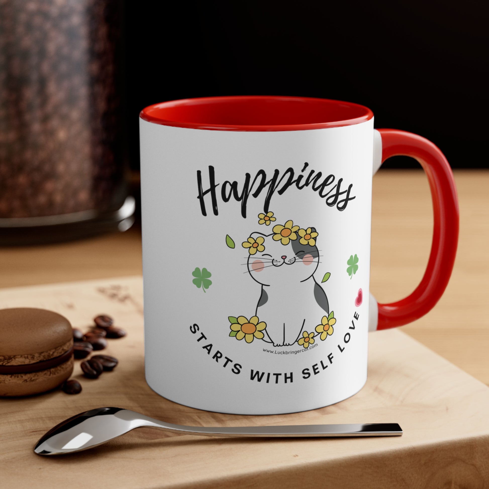 Cute happy cat on a self love coffee mug 