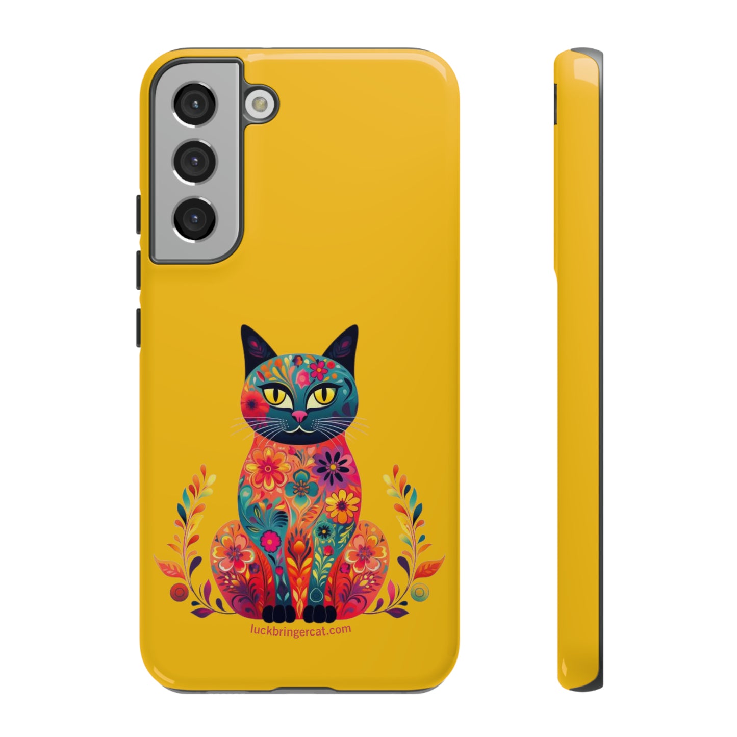 Phone Case for Cat Lovers- iPhone, Samsung Galaxy, Google Pixel- Colorful Floral Cat-Yellow-Graphic