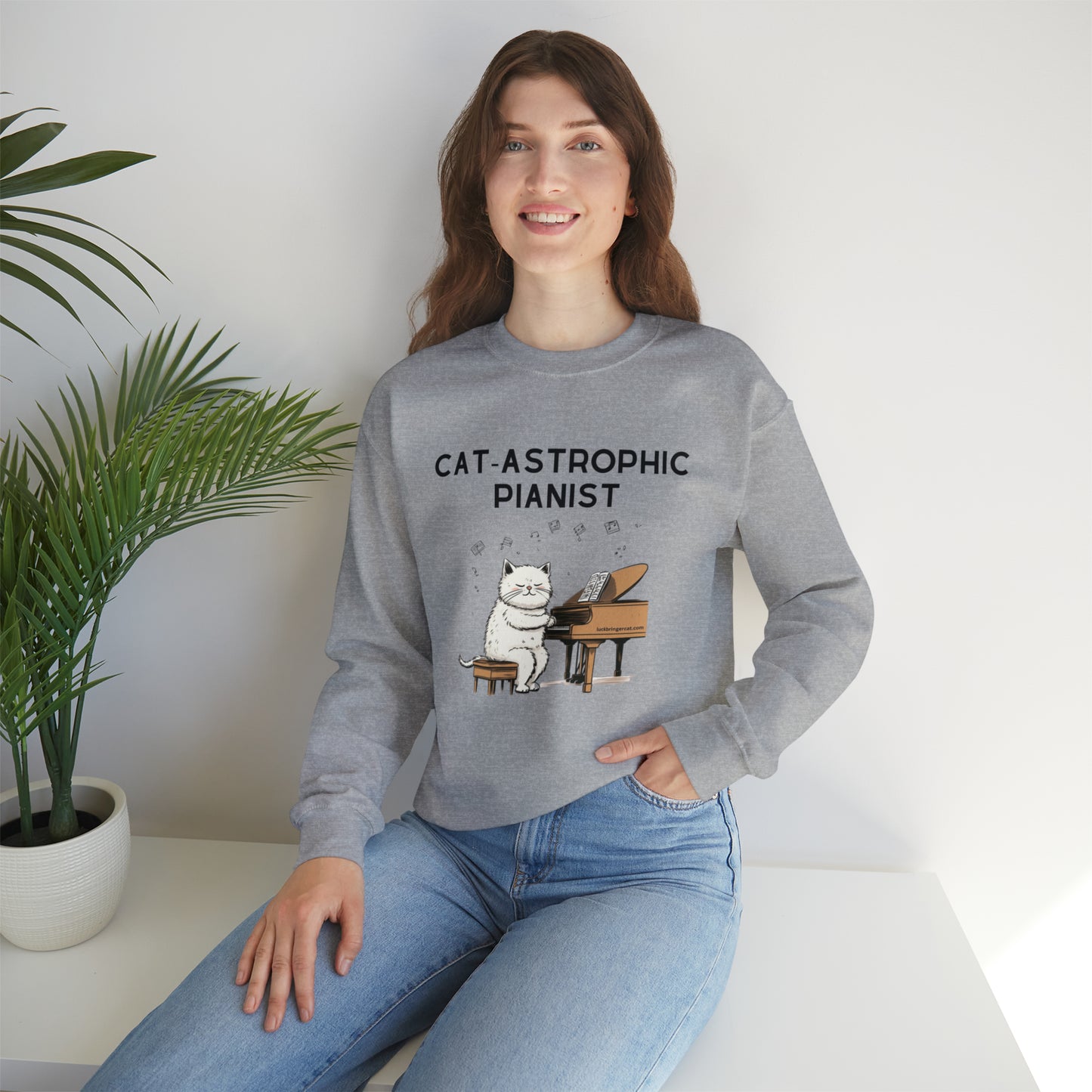 Unisex Crewneck Sweatshirt - Catastrophic Pianist Funny Shirt for Cat Lovers and Piano Players