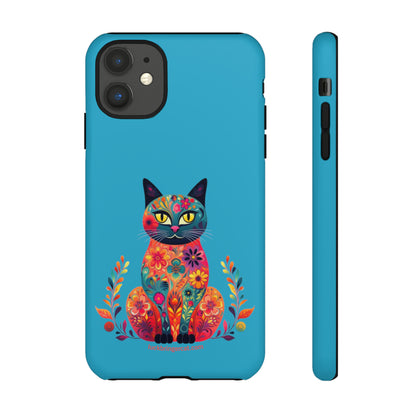 Phone Case for Cat Lovers- iPhone, Samsung Galaxy, Google Pixel- Colorful Floral Cat-Turquoise-Graphic