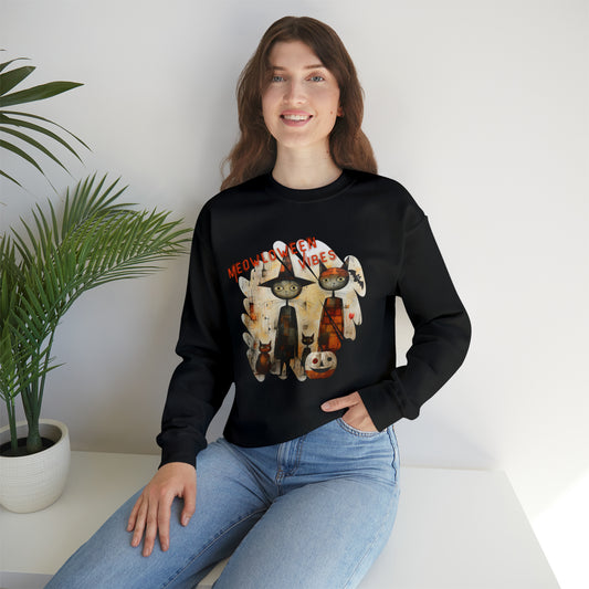 Halloween-Sweatshirt mit künstlerischer Grafik, Meowloween-Vibes, schwarzer Katze, Hexenfamilie und Kürbis