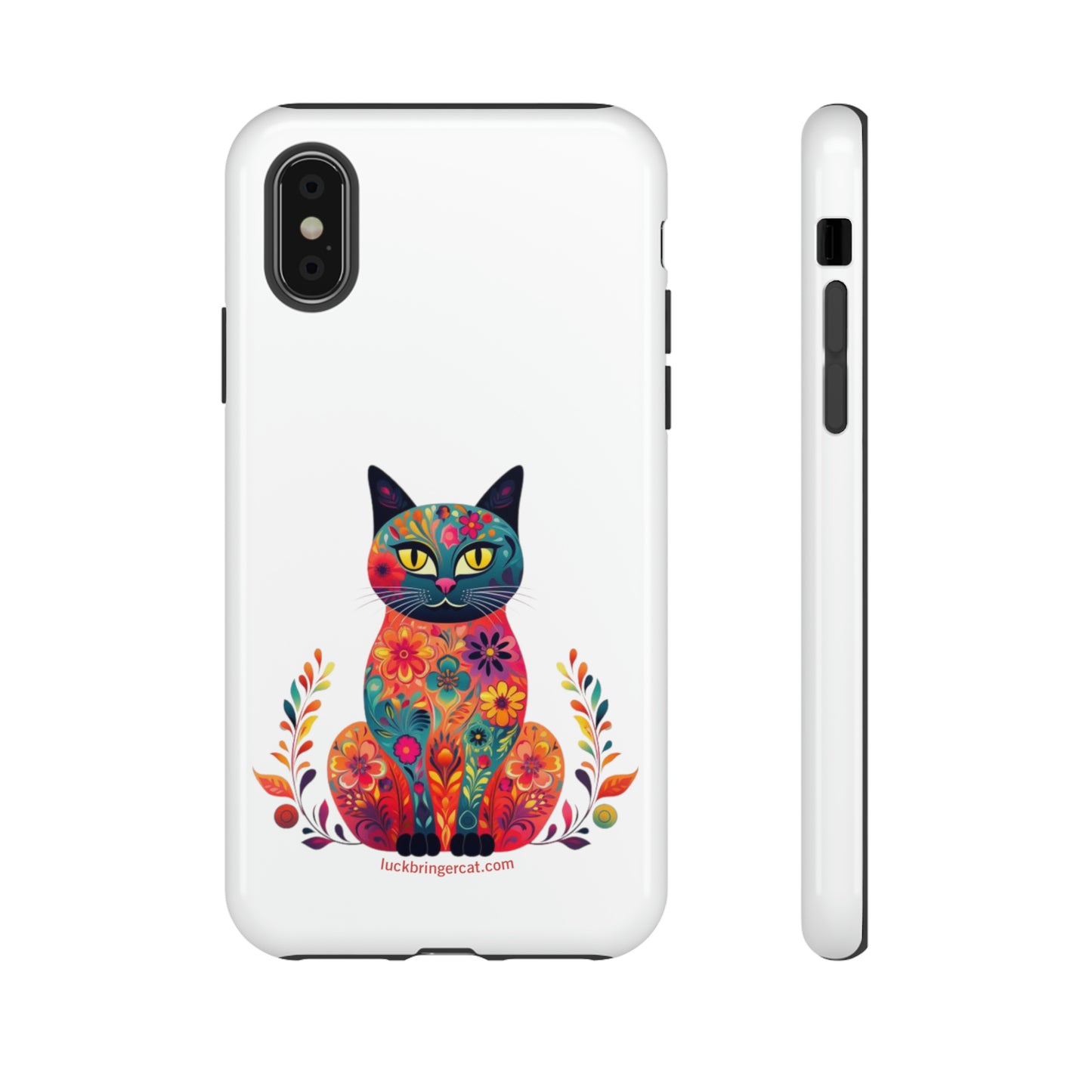 Phone Case for Cat Lovers- iPhone, Samsung Galaxy, Google Pixel- Colorful Floral Cat-White-Graphic