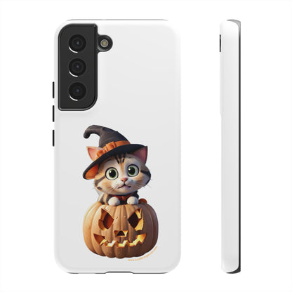 Premium-quality tough protective phone cases for iPhone and Samsung - Halloween Cat - White