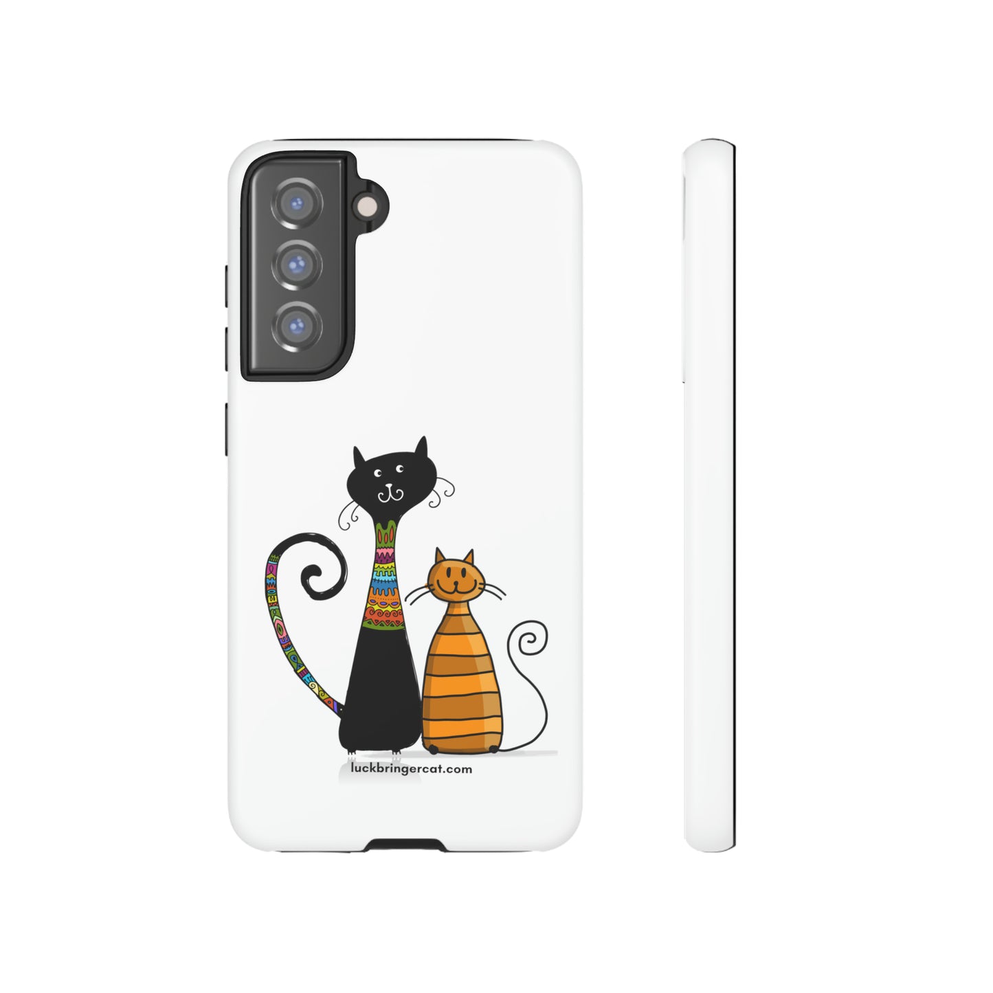 Funny Phone Case for Cat Lovers- iPhone, Samsung Galaxy and Google Pixel- White With Cute Black and Orange Cats