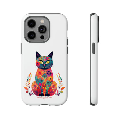 Phone Case for Cat Lovers- iPhone, Samsung Galaxy, Google Pixel- Colorful Floral Cat-White-Graphic