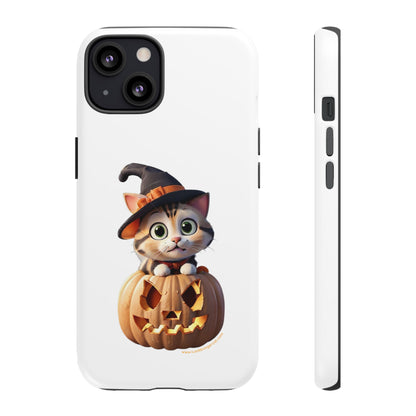 Premium-quality tough protective phone cases for iPhone and Samsung - Halloween Cat - White