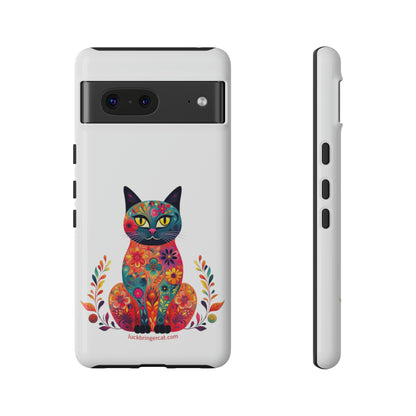 Phone Case for Cat Lovers- iPhone, Samsung Galaxy, Google Pixel- Colorful Floral Cat-White-Graphic