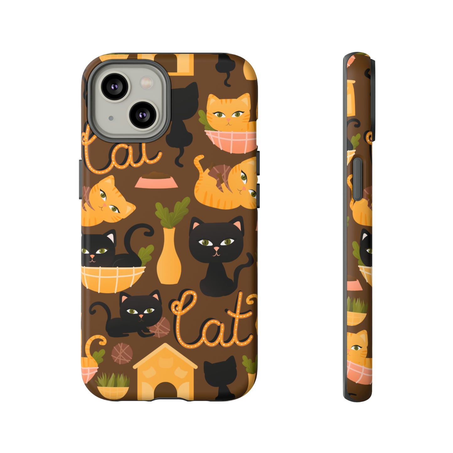 Premium-quality tough protective phone cases for iPhone, Samsung and Google - Brown With Cute Black and Orange Cats