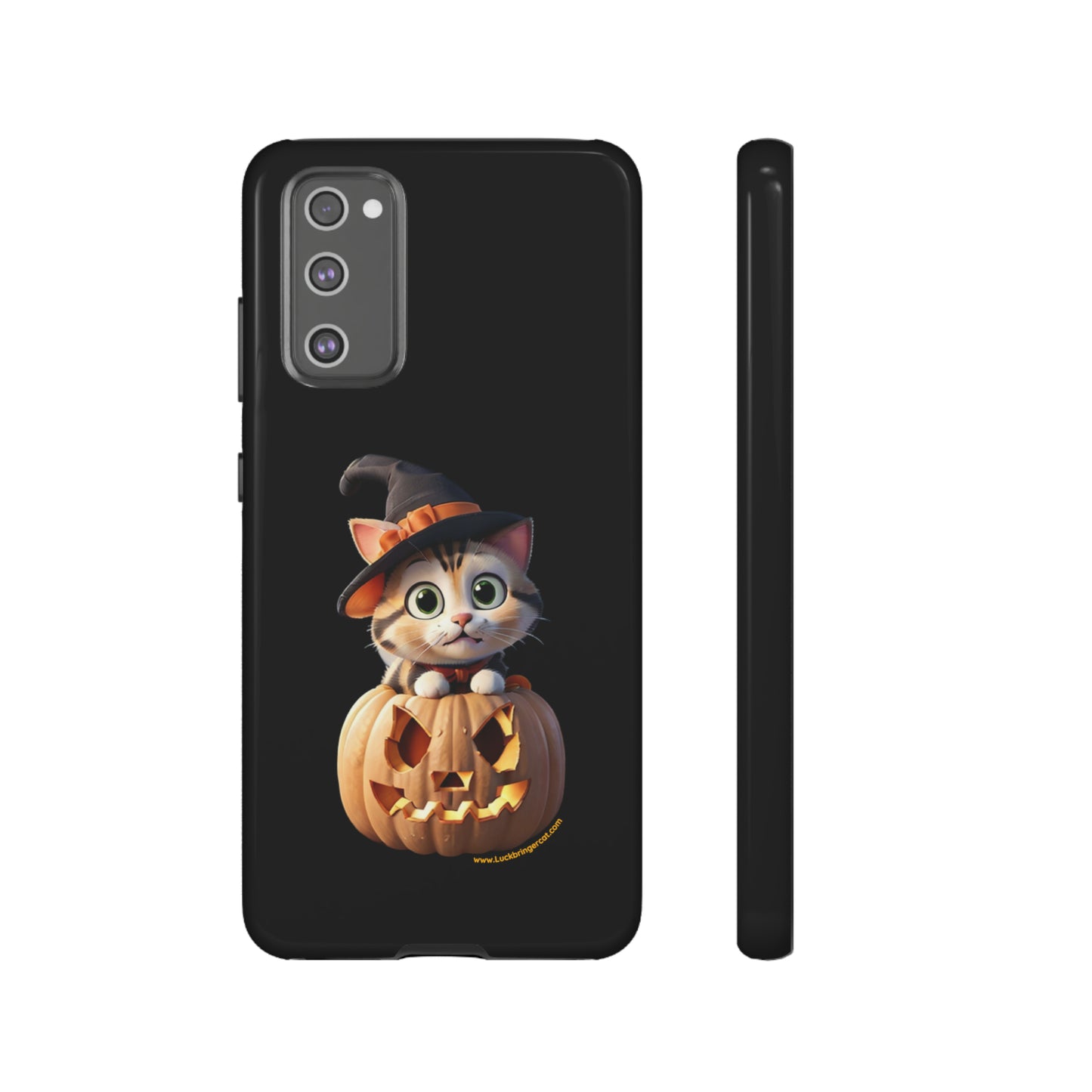 Premium-quality tough protective phone cases for iPhone and Samsung - Halloween Pumpkin Cat - Black