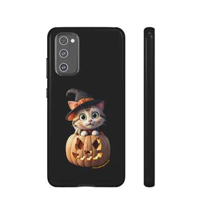 Premium-quality tough protective phone cases for iPhone and Samsung - Halloween Pumpkin Cat - Black