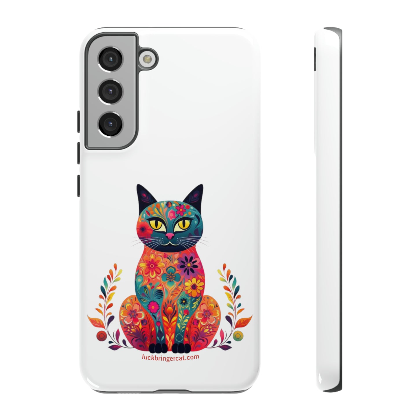 Phone Case for Cat Lovers- iPhone, Samsung Galaxy, Google Pixel- Colorful Floral Cat-White-Graphic