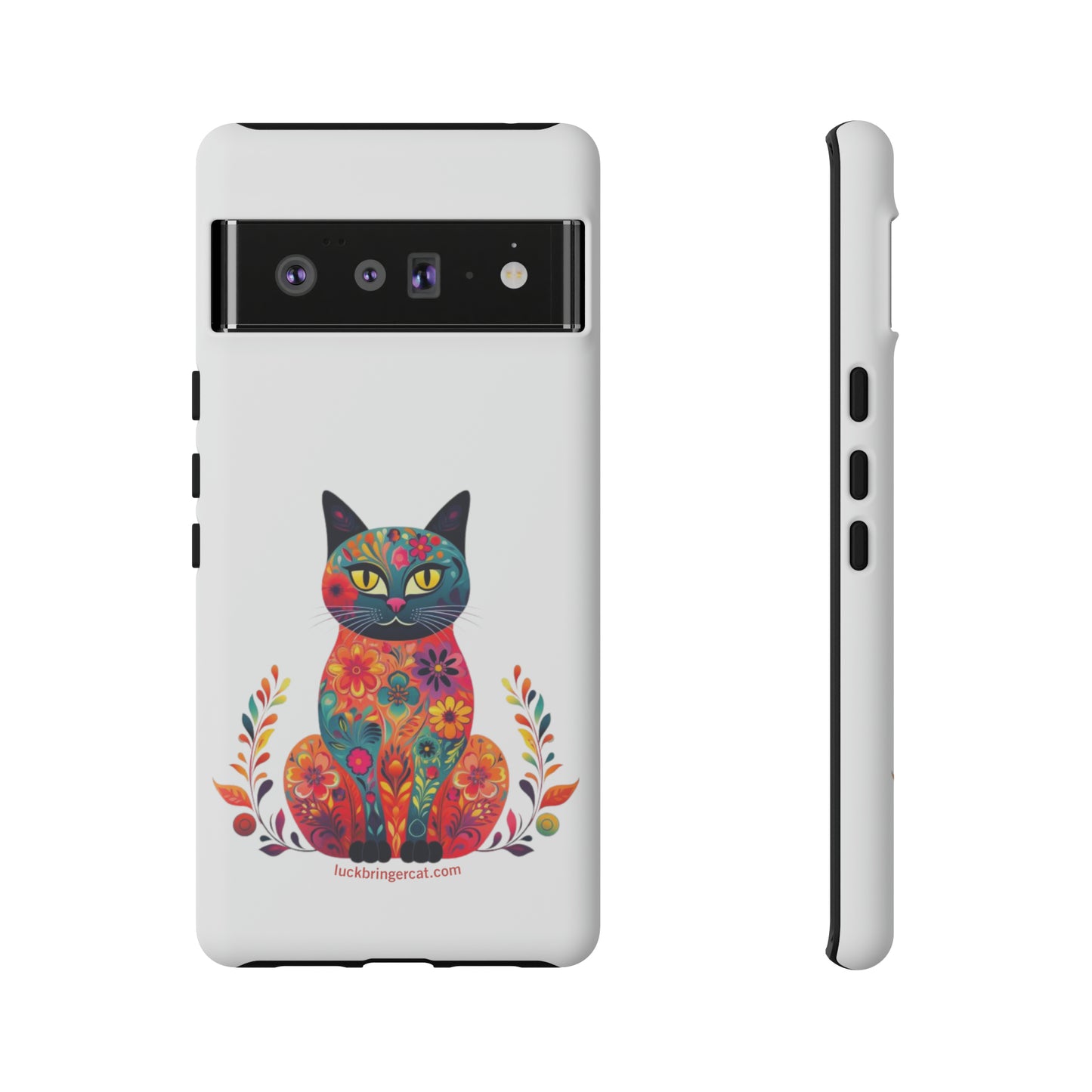 Phone Case for Cat Lovers- iPhone, Samsung Galaxy, Google Pixel- Colorful Floral Cat-White-Graphic