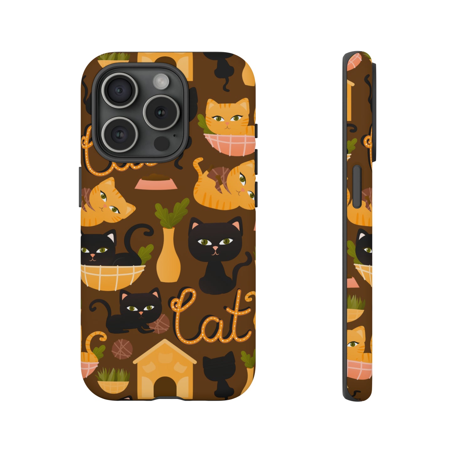 Premium-quality tough protective phone cases for iPhone, Samsung and Google - Brown With Cute Black and Orange Cats