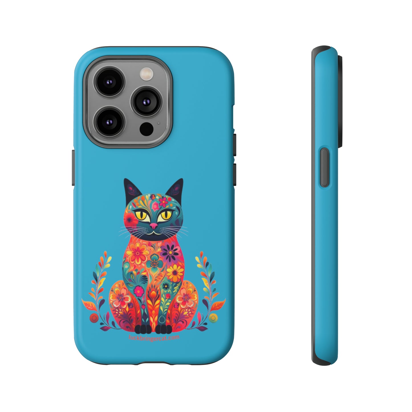 Phone Case for Cat Lovers- iPhone, Samsung Galaxy, Google Pixel- Colorful Floral Cat-Turquoise-Graphic