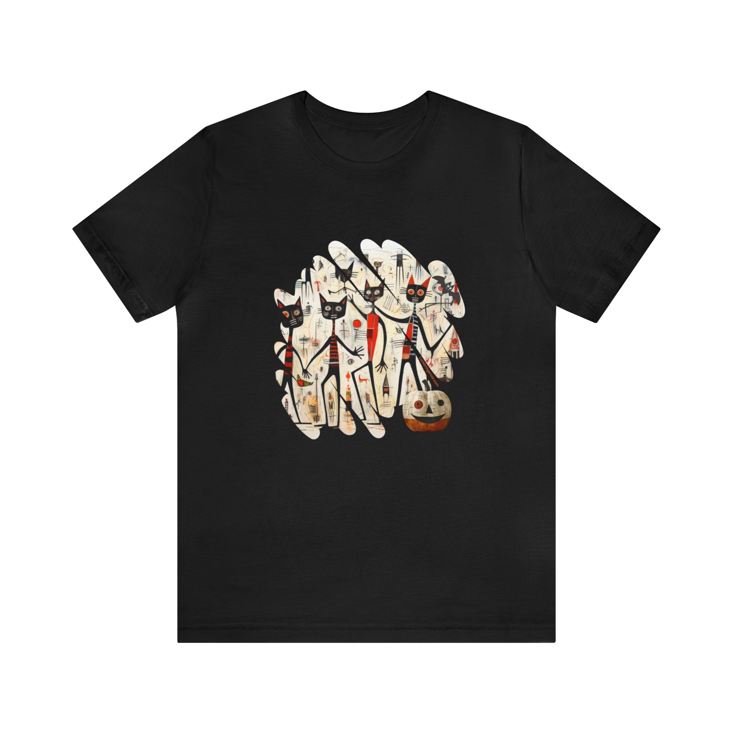 Halloween T-shirt With Modern Art Graphic Dancing Black Cats and Pumpkin