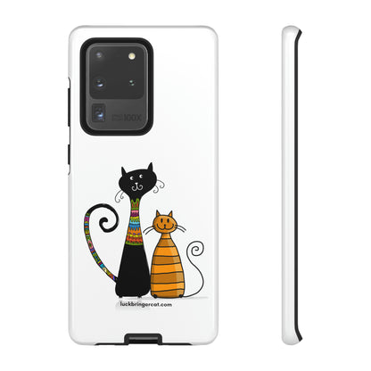 Funny Phone Case for Cat Lovers- iPhone, Samsung Galaxy and Google Pixel- White With Cute Black and Orange Cats