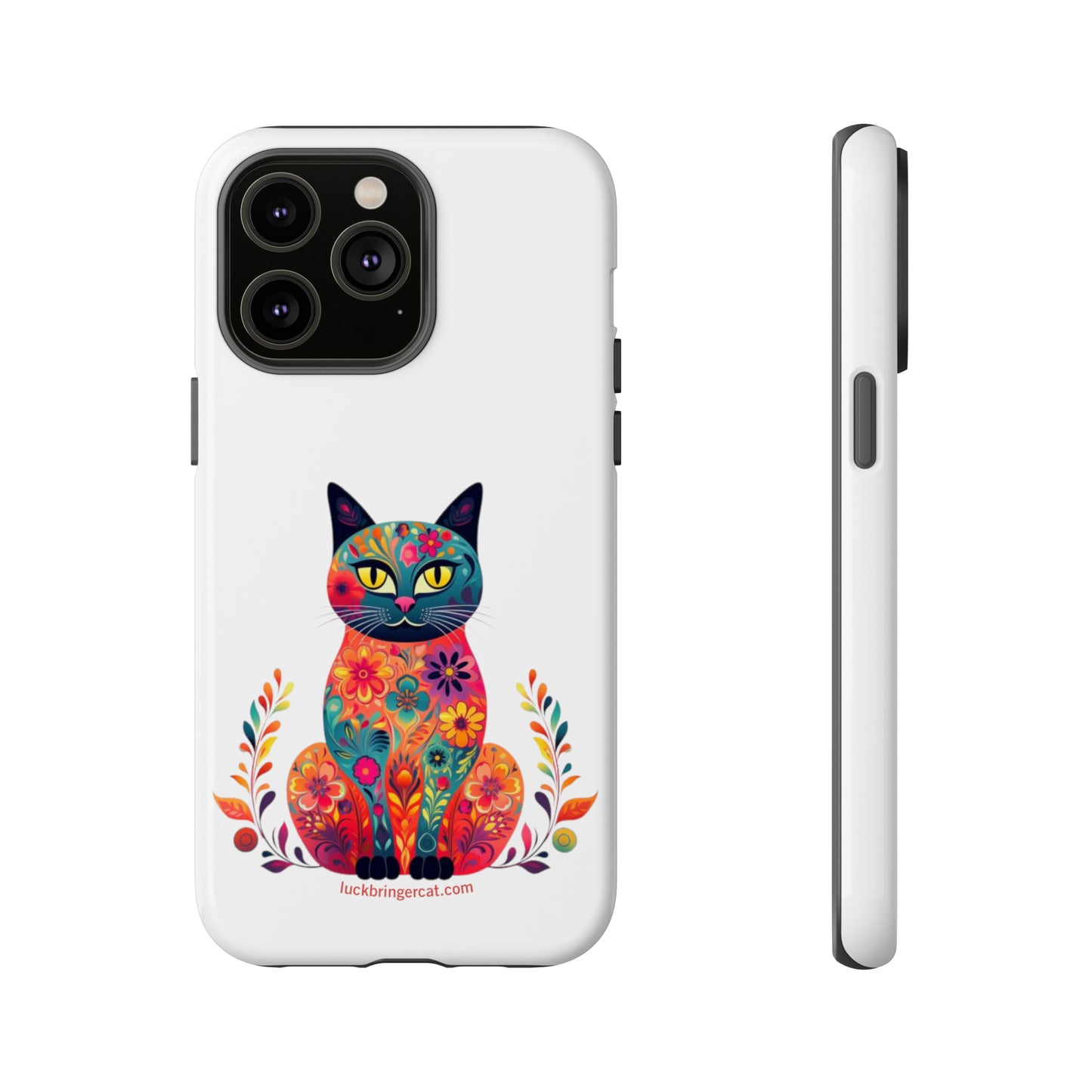 Phone Case for Cat Lovers- iPhone, Samsung Galaxy, Google Pixel- Colorful Floral Cat-White-Graphic