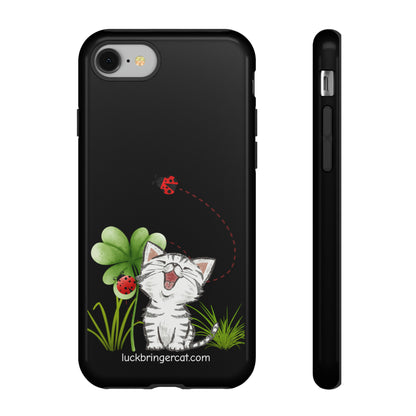 Cute Happy Cat Phone Case- iPhone, Samsung Galaxy, Google Pixel- Black- Lucky Clover Ladybug