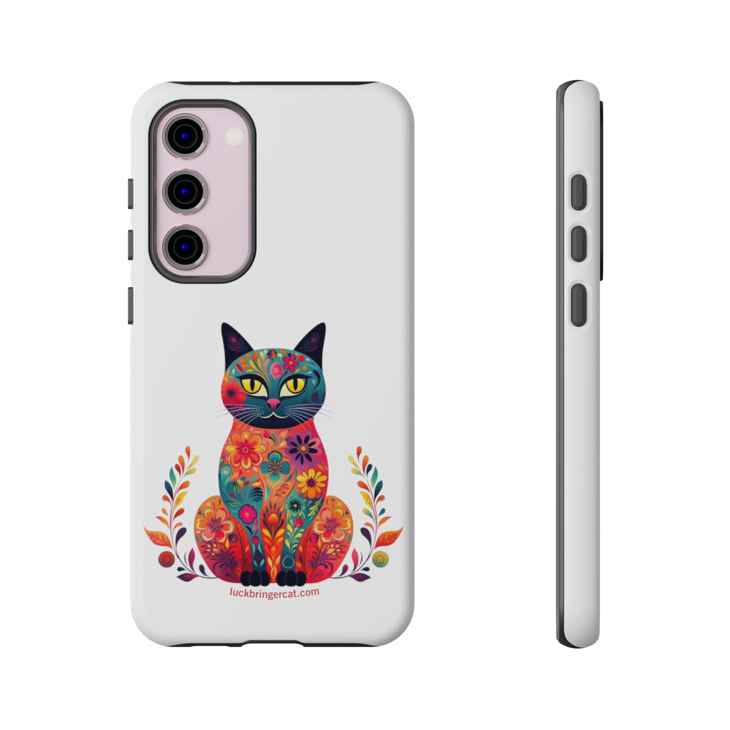 Phone Case for Cat Lovers- iPhone, Samsung Galaxy, Google Pixel- Colorful Floral Cat-White-Graphic