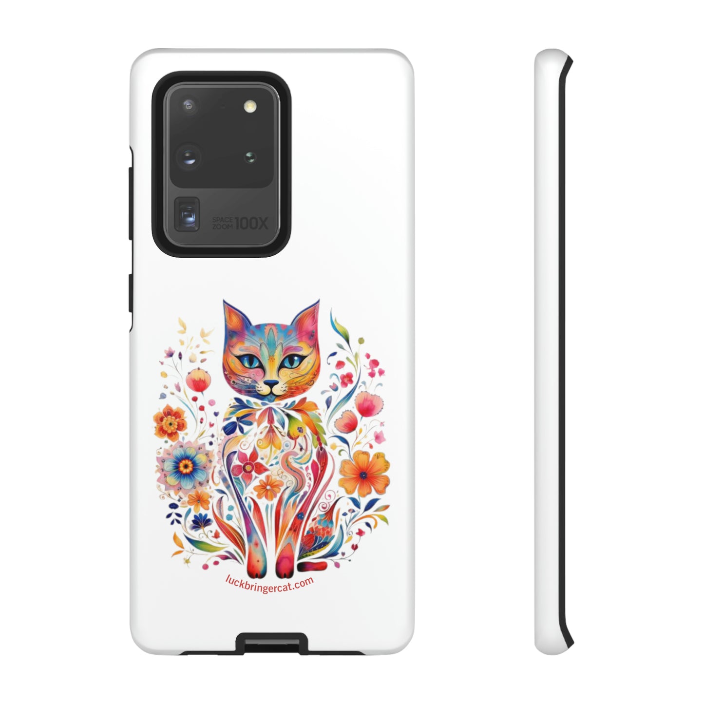 Phone Case for Cat and Flower Lovers- iPhone, Samsung Galaxy, Google Pixel- Colorful Floral Cat-White