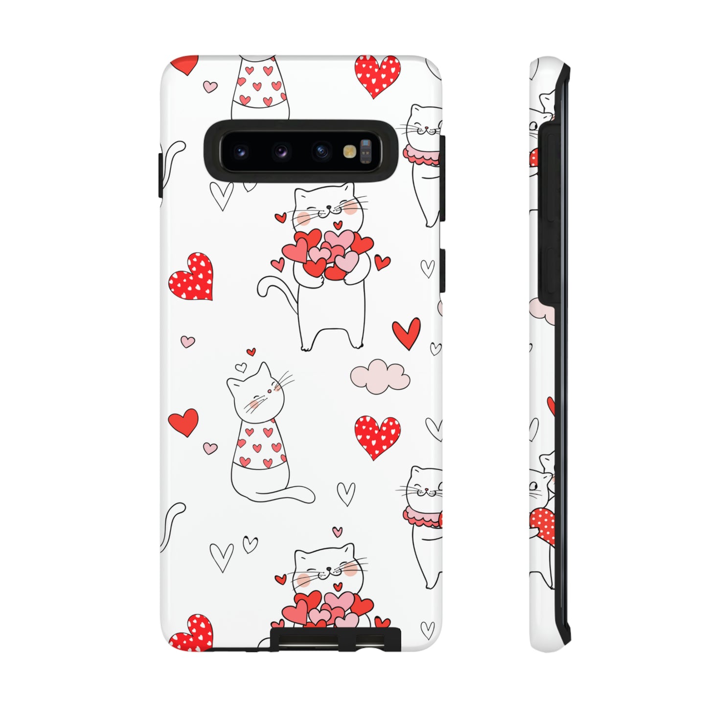 Premium-quality tough protective phone cases for iPhone, Samsung and Google - White With Cute Cartoon Cats and Red Hearts