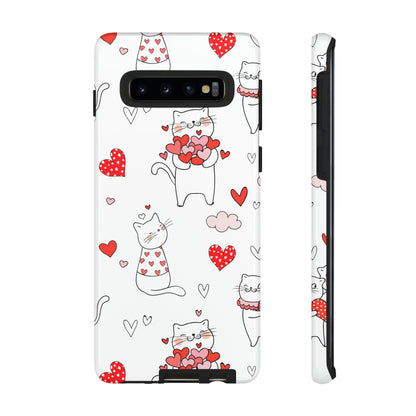 Premium-quality tough protective phone cases for iPhone, Samsung and Google - White With Cute Cartoon Cats and Red Hearts