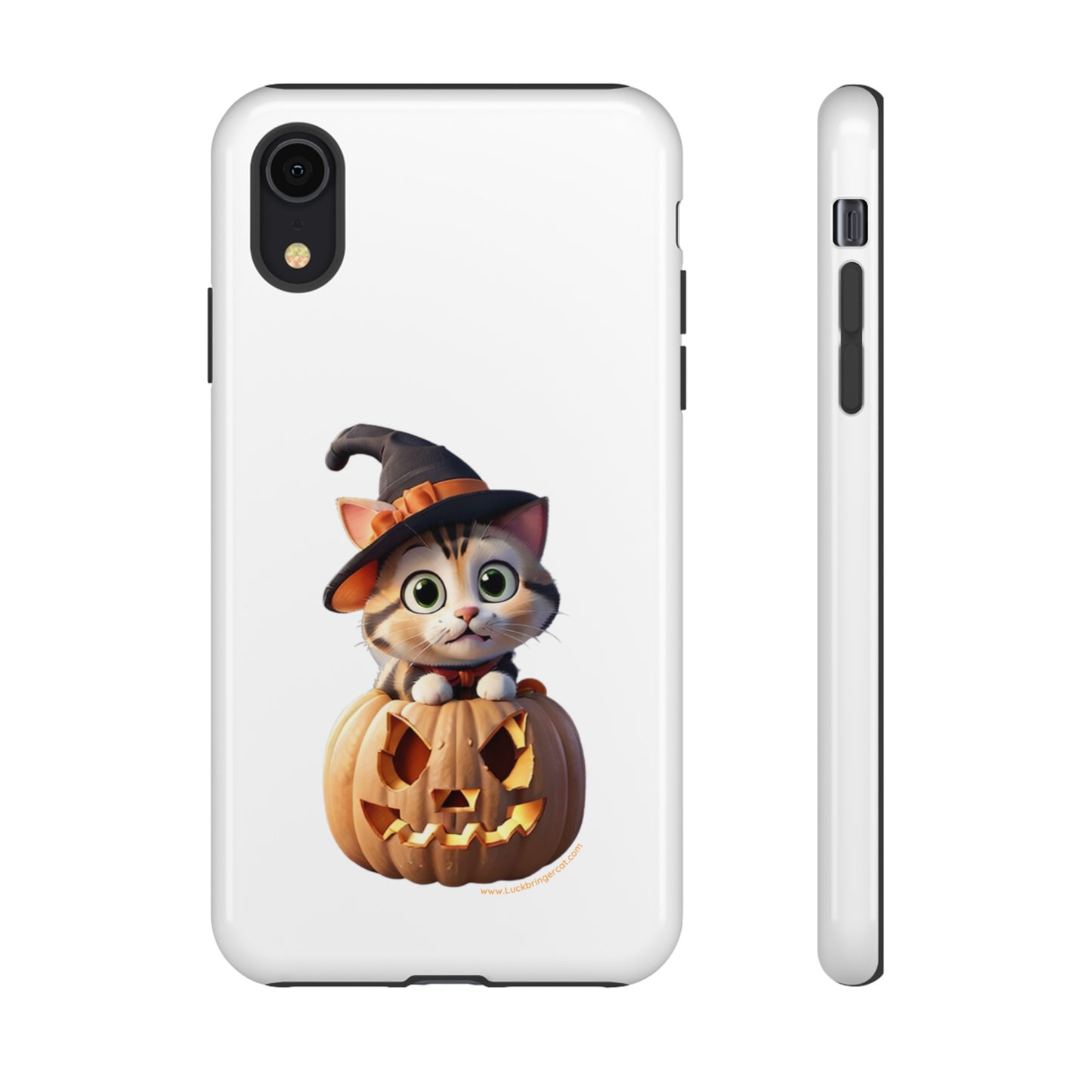 Premium-quality tough protective phone cases for iPhone and Samsung - Halloween Cat - White