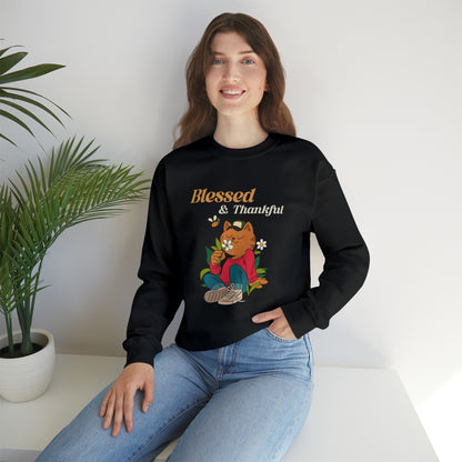 Graphic Thanksgiving Sweatshirt - Blessed and Thankful Cat