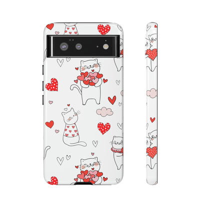 Premium-quality tough protective phone cases for iPhone, Samsung and Google - White With Cute Cartoon Cats and Red Hearts