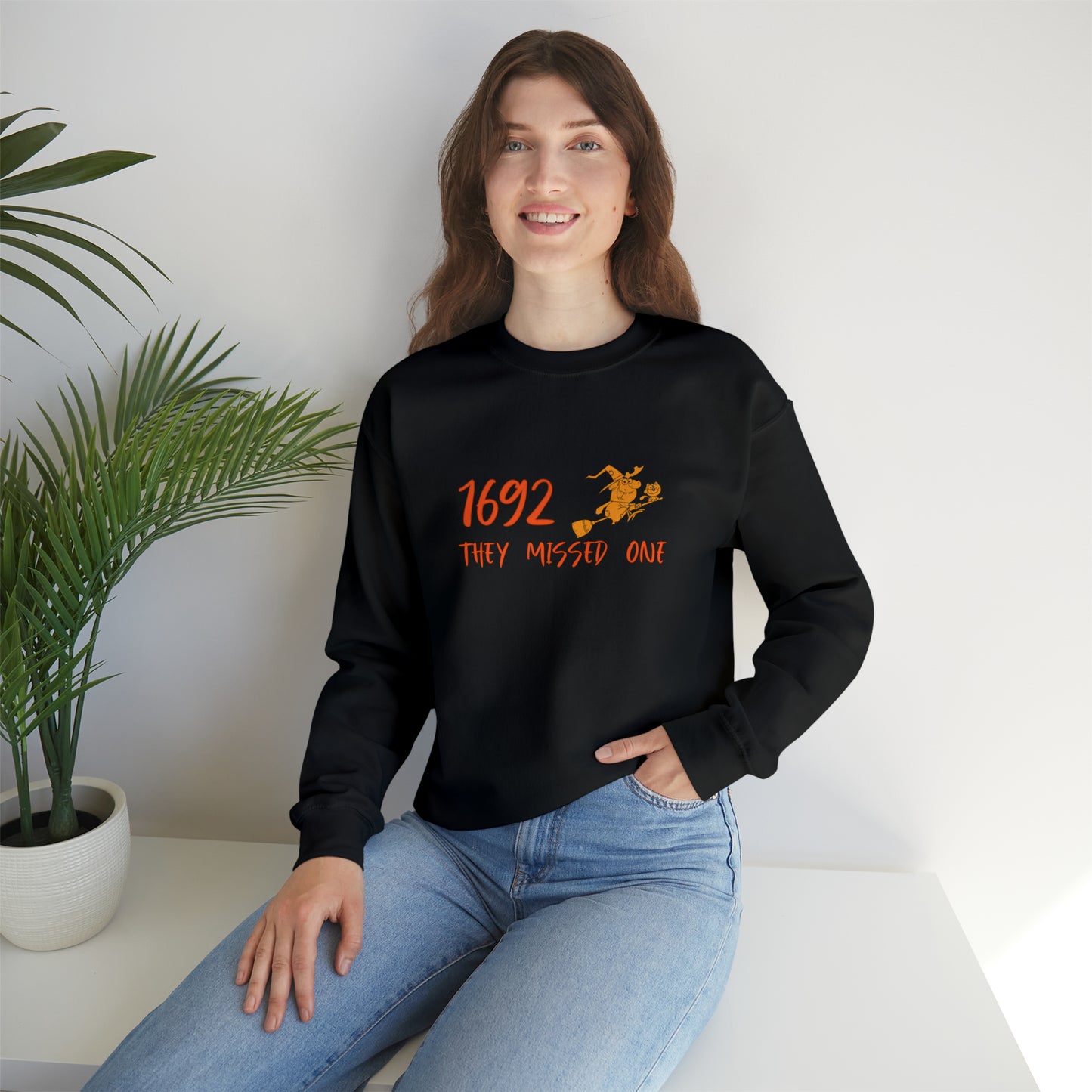 Funny Halloween Crewneck Sweatshirt - 1692 They Missed One With a Witch and a Cat