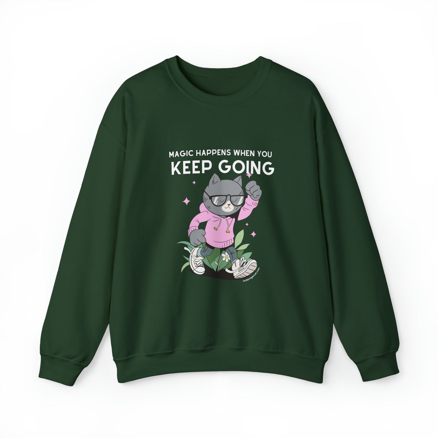 Unisex Crewneck Sweatshirt - Inspirational Shirt for Cat Lovers - Magic Happens When you Keep Going