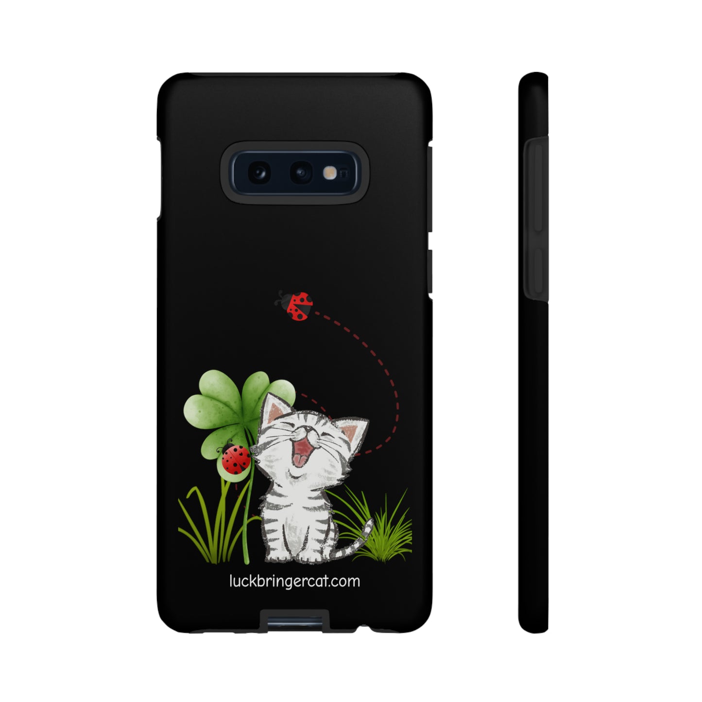 Cute Happy Cat Phone Case- iPhone, Samsung Galaxy, Google Pixel- Black- Lucky Clover Ladybug