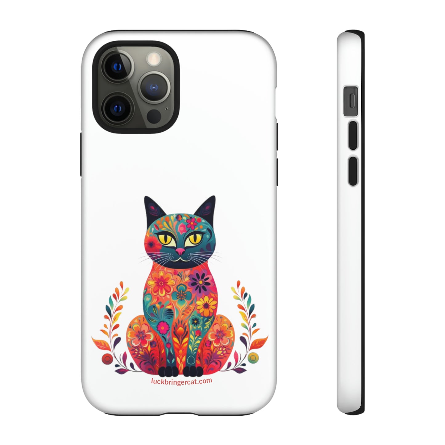 Phone Case for Cat Lovers- iPhone, Samsung Galaxy, Google Pixel- Colorful Floral Cat-White-Graphic