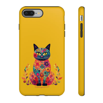 Phone Case for Cat Lovers- iPhone, Samsung Galaxy, Google Pixel- Colorful Floral Cat-Yellow-Graphic