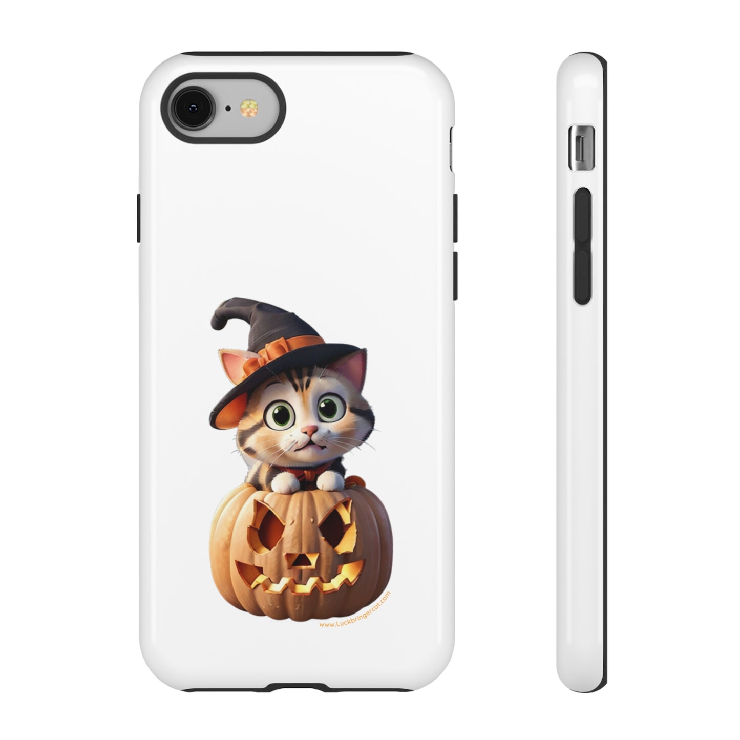 Premium-quality tough protective phone cases for iPhone and Samsung - Halloween Cat - White