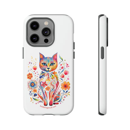 Phone Case for Cat and Flower Lovers- iPhone, Samsung Galaxy, Google Pixel- Colorful Floral Cat-White