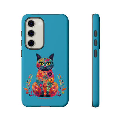 Phone Case for Cat Lovers- iPhone, Samsung Galaxy, Google Pixel- Colorful Floral Cat-Turquoise-Graphic