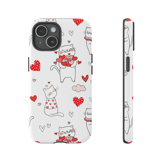 Cat lovers valentine phone case - white with cute cats and red hearts - iPhone 15 Plus, iPhone 15 Pro, iPhone 15 Pro Max, iPhone 14 Plus, iPhone 14 Pro, iPhone 14 Pro Max, iPhone 13 mini, iPhone 13 Pro, iPhone 13 Pro Max, iPhone 12 mini, iPhone 12 Pro, iPhone 12 Pro Max, iPhone 11 Pro, iPhone 11 Pro Max, iPhone X, iPhone XR, iPhone XS, iPhone XS Max, iPhone 8, iPhone 8 Plus - valentines gift for cat moms kitten mums 